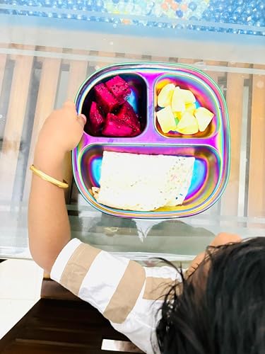 Image of Happy Hues Stainless Steel Divided Meal Plate Tray-3 Compartments Dinner Dish for Baby (Rainbow)