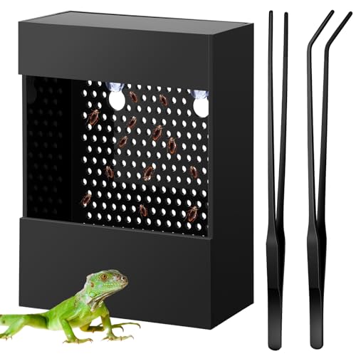 Geyoga Bearded Dragon Feeder with Suction Cups and 2 Tweezers Chameleon Bug Bowl Bug Feeder for Bearded Dragon Acrylic Reptile Feeding Box Tank and Aquarium Accessories for Lizard Gecko Frog(Black)