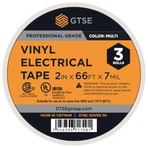 Image of GTSE Wide Red, White & Blue Electrical Tape, 3-Pack - Waterproof, Industrial Grade Vinyl, 2 in x 66ft- Strong Self-Adhesive PVC Electric Tape for Wire Insulation, 7 Mil, 600V - UL /CSA Listed