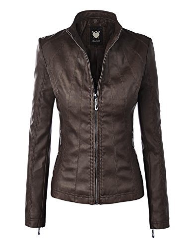Lock and Love WJC877 Womens Panelled Faux Leather Moto Jacket L Coffee