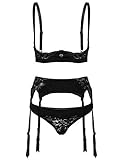 iEFiEL Damen Dessous-Set 3tlg. Unterbrust BH Hebe und Ouvert-String Tanga mit Strumpfgürtel Strumpfhalter Spitze Reizwäsche verführerische Unterwäsche Schwarz M