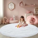 Picture of Round Fluffy White Rug 4x4ft: Ultra Soft Furry Girls Bedroom Carpet- Oval Plush Rug for Girls Room & Kids Room, Nursery (4ft, White)