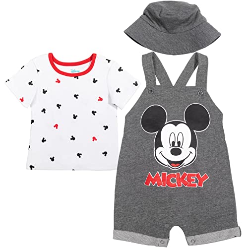 Disney Mickey Mouse Newborn Baby Boys Short Overalls T-Shirt And Hat 3 Piece Outfit Set Grey 3-6 Months #TOP26