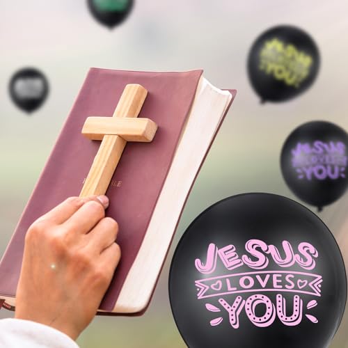 Image of Gejoy 60 Pcs Jesus Loves You Balloon 12 Inch Latex Christian Religious Jesus Balloon Party Decor for He Is Risen Party Decor Favor Cross Church Event Birthday Sunday Supplies(Black)