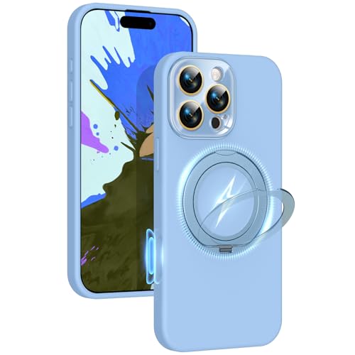 Image of Silicone 360 Spin Magnetic Stand Case for iPhone 16 Pro Max, [Compatible with Mag-Safe][Reinforced Hard Camera Protection] Liquid Silicone Rubber Phone Cover with Ring, Camera Button, Sky Blue