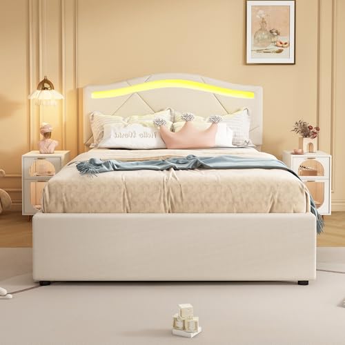 MOBETTRES Cama tapizada, cama con somier (sin colchón), iluminación de habitación con mando a distancia, cama con dos cajones, cabecero ajustable (beis, 90 x 200 cm)
