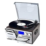 JORLAI 9 in 1 Plattenspieler 33/45/78 RPM mit Bluetooth CD/Kassettenspieler, USB/SD/MMC Codierung, AM/FM Radio, Eingebaute Stereo Lautsprecher LCD Display Fernbedienung Funktion Aux-in RCA Line-Out