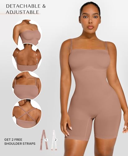 Image of SHAPELLX Women's Shapewear Bodysuits Tummy Control Butt Lifter Body Shaper Strapless Seamless Mid Thigh Jumpsuit Tops