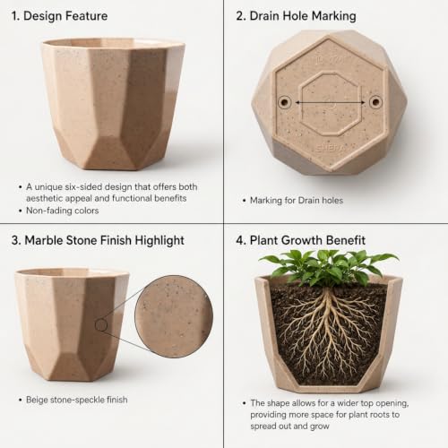 Image of YUCCABE ITALIA SHERA Hexa Round Plastic Flower Pot with Drainage Holes Planter Pot Suitable for Indoor Outdoor Kitchen Garden (Stone Beige, 8 Inch - 6 Pcs)