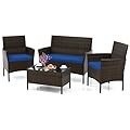 HAPPYGRILL 4 Pieces Outdoor Rattan Conversation Set, Patio Wicker Furniture Set with Loveseat Chairs & Tempered Glass Coffee Table, Outside Sectional Sofa Set for Backyard, Garden Poolside