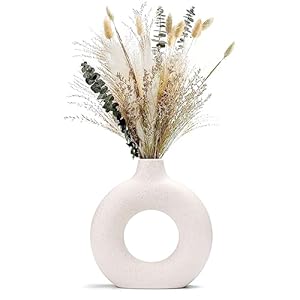 Sawoake White Donut Vase Hollow Ceramic Vase,Modern Home Decor,Round Matte Pampas Grass Vase,Neutral Boho Nordic Minimalism Style Flower Vases for Living Room Wedding Dinner Table Party Office Bedroom