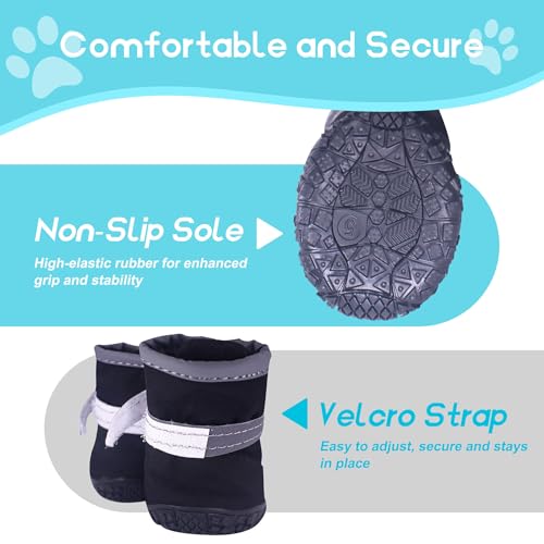 Hundeschuhe Pfotenschutz Outdoor, 4 Stück Wasserdicht Hunde Schuhe mit Reflektierendem Klettverschluss, Verstellbarer Hundestiefel für Kleine Mittlere Große Hunde (Schwarz-Wasserdicht, 5)
