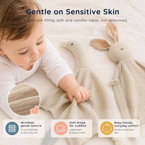 Image of 2-Pack Bunny & Goose Baby Lovey Security Blankets, Soft, Breathable Cotton Muslin, Unisex for Newborns & Infants (Khaki Set)
