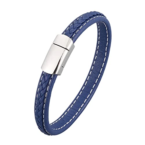 Aeici Gourmette Acier Homme, Bracelet Homme Acier Cuir Gourmette Bracelet Homme Bracelet Bleu avec Boucle en Argent