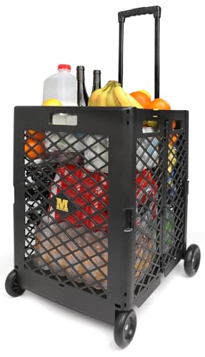 MaxWorks Foldable Rolling Utility Cart, Collapsible Hand Dolly with Telescoping Handle, 70 lbs Capacity, Lightweight Plastic Storage Crate, 16.5" x 15" x 39", No Assembly Needed