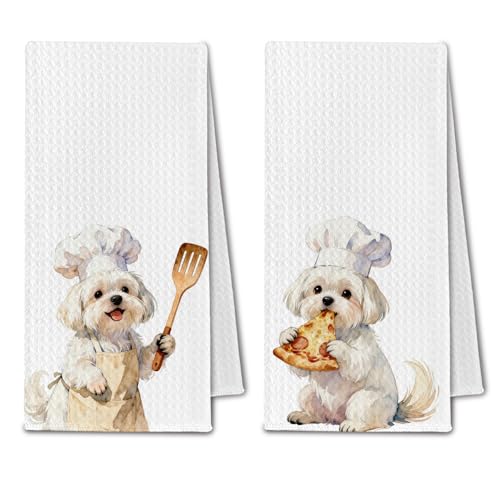 ChissNook Funny Maltese Kitchen Towels, Maltese Dog Lovers Gifts Dish Tea Towel for Women, Funny Dog Chef Gifts Decorative Hand Towels for Bathroom, 16x24 Inch Set of 2