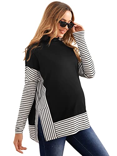 Makemechic Women's Oversized Maternity Mock Neck Striped Split Hem Colorblock Tee Shirt Tops Black Xl #TOP14
