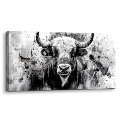SERIMINO Modern Animal Wall Art Prints, Highland Cow Black and White Canvas Paintings, Western Rustic Wall Pictures for Living Room Bathroom Farmhouse, Bull Bedroom Decor for Men 24X48 Inch
