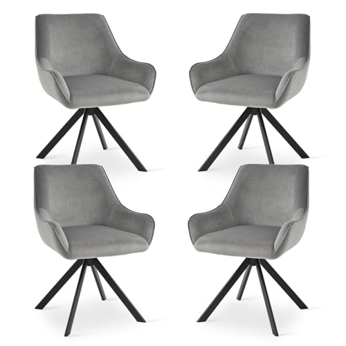 Goeurvant Velvet Dining Chairs Set of 4 with Armrests,360° Swivel Upholstered Chairs,Modern Rotary Chair,Kitchen Chair with Metal Frame and Backrest for Dining Room,Living Room,Bedroom,Office, Gray