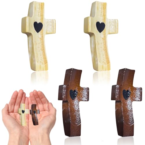 Puasok 4 Piezas Cruces de Madera Talladas a Mano, Cruz de Amor de Madera, Regalo Cristiano para Bautizo, Comunión, Meditación y Consuelo Espiritual