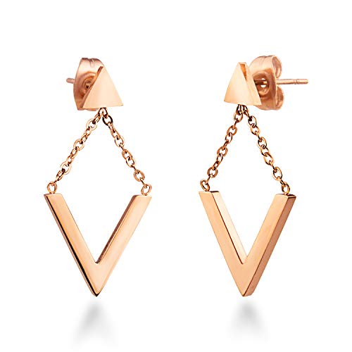 555Jewelry Womens Stainless Steel Metal Edgy Geometric Triangle V Shape Chain Drop Hanging Stylish Minimal Push Back Stud Fashion Accessory Costume Jewelry Earrings, Pink Rose Gold