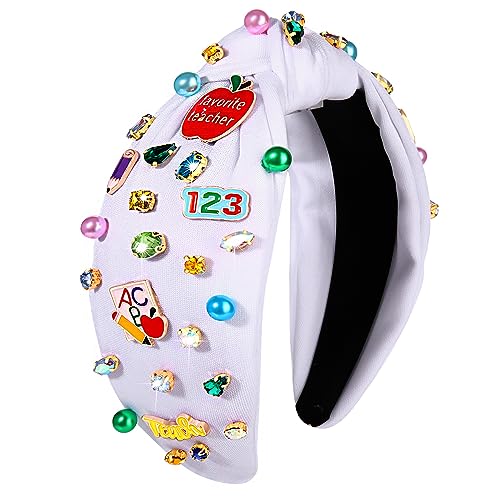 NVENF Teacher Headband for Women Teacher Accessories Crystal Pearl Knotted Headband Rhinestone Beaded Embellished Top Knot Hairband Back To School Outfits Teacher Appreciation Gifts (Style F)