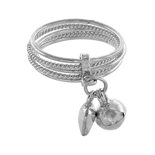 Sterling Silver 5 Ring Stacked Dangling Heart Jingle Bell Charm Ring For Women Girls 2Mm Wide Size 8.5 #TOP12