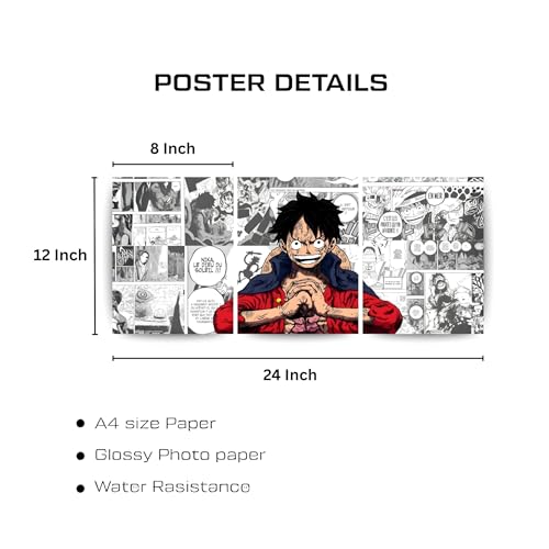 Image of ADRAIL STORE One Piece Anime Manga Poster, Luffy Character Design Wall Poster 3 Panal - A4 Size, 300 GSM, Wall Decor Posters Wall Art For Bedroom, Living room, Office, Dining Room,No Frame (Luffy)