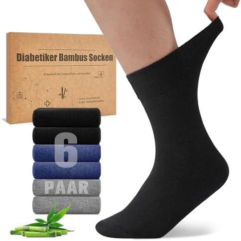 Niorasen Bambus Diabetikersocken, 6 Paar Diabetiker Socken ohne Gummibund & ohne Naht, Bambussocken Gesundheitssocken mit Komfortbund für Herren & Damen