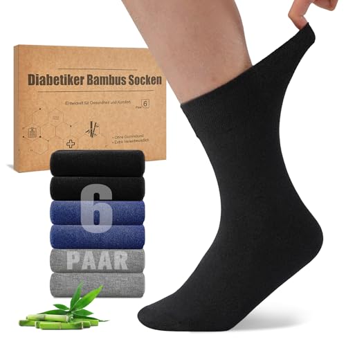 Niorasen Bambus Diabetikersocken, 6 Paar Diabetiker Socken ohne Gummibund & ohne Naht, Bambussocken Gesundheitssocken mit Komfortbund für Herren & Damen, Schwarz Blau Grau 39-42 1