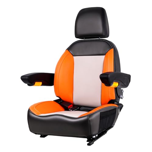 Universal Orange Ergonomic Tractor Seat with Adjustable Backrest Armrests & Safety Belt And Micro Switch Replacement for Zero Turn Mowers Forklifts Skid Steers Loader Telehandler Dozer Excavator
