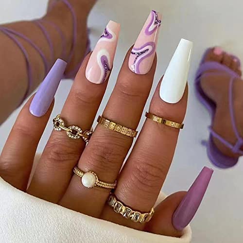 Press on Nails Glossy Medium Length Coffin Fake Nails Square Shape Glue on Nails, Three Colors Press on False Nails with Stripes Designs, Purple&Shiny Ribbon Stick On Nails for Women&Girls 24Pcs