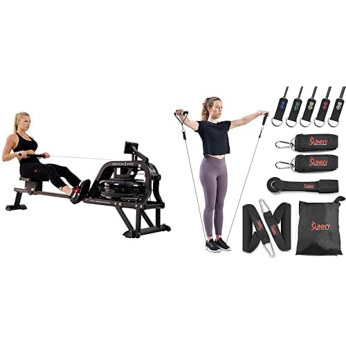 Sunny Health & FitnessObsidian Surge 500 Water Rowing Machine SF-RW5713 + Resistance Band Strength Training Tube Set - NO. 089-COMBO