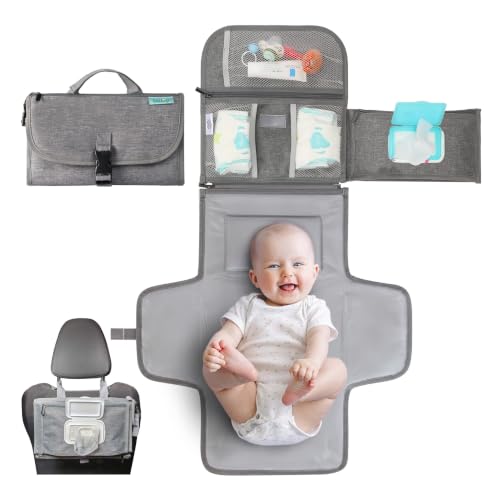 Image of Kopi Baby Portable Diaper Changing Pad with Wipes Pocket, Premium Grey | 22-In Waterproof Pad, Reversible Wipes Pocket, 1 Zipper Pocket, 2 Large Pockets, Extra Inner Pocket, Built-In Pillow, Straps