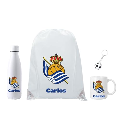 Genérico Escudo Real Sociedad - Personalizado con Nombre - Regalo Real Sociedad para los Fans de Futbol - Mochila+ botella700ML + Taza cerámica350ML - Llavero Pelota (Real Sociedad)
