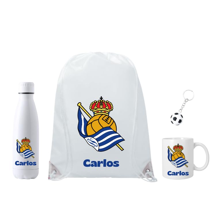 Genérico Escudo Real Sociedad - Personalizado con Nombre - Regalo Real Sociedad para los Fans de Futbol - Mochila+ botella700ML + Taza cerámica350ML - Llavero Pelota (Real Sociedad)