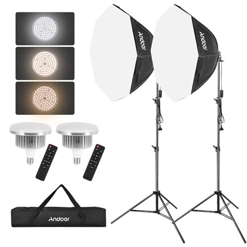 Andoer Softbox Set Fotostudio, 2 x Octagon-Softbox mit 2 x 2800K-5700K LED-Licht, 2 x 2m Lichtstativ, 2 x Fernbedienung, Tragetasche für YouTube, Tiktok...