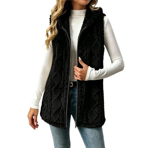 Teddy Fleece Gilet Women Long Sleeveless Jackets Zip Up Hooded Vest