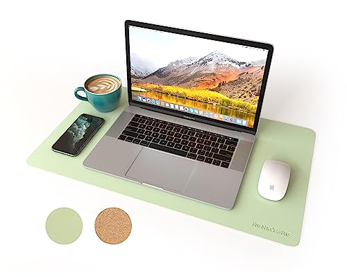 RENMTURE Dual-Sided Desk Pad, Natural Cork & PU Leather Large Mouse mats for Office and Home Work, Desk Protector Non-Slip, Waterproof, Easy Clean (Light Green, 23.6" x 13.7")