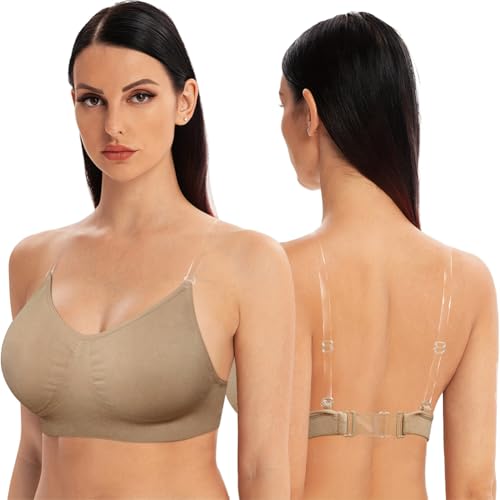 Varsbaby Sujetador sin espalda con tirantes transparentes para mujer, sujetador de baile invisible inalámbrico con espalda baja, beige, L