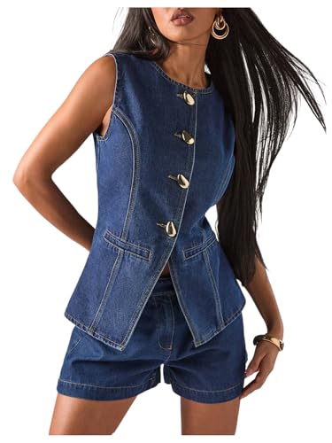 WDIRARA Women's Button Down Denim Vest Sleeveless Tank Top Jean Waistcoat with Metal Buckle