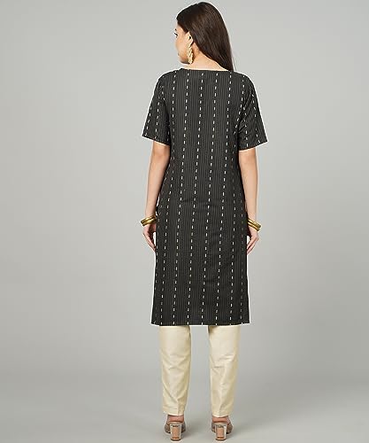 Image of Cotton Dobby Woven Design V- Neck Elbow Sleeves Knee Length Kurta for Women's