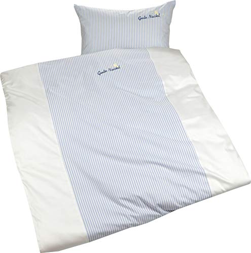 Lorenchen/Lorena Mako-Batist Streifen Kinderbettwäsche Gute Nacht in blau, rosa oder grün 100% Baumwolle (135 x 200 cm 80 x 80 cm, Blau)