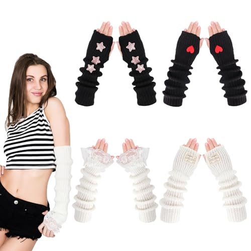 Jspupifip Arm Warmers Y2K 4 Pairs Lolita Cute Fingerless Gloves with Thumb Hole Knit Mitten Gloves Arm Sleeves for Girls
