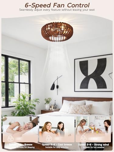 Image of 20 inch Wood Ceiling Fans with Lights Flush Mount, Caged Farmhouse Rustic Ceiling Fan with Light Remote Control, Wooden Low Profile for Bedroom, Living Room, Nursery