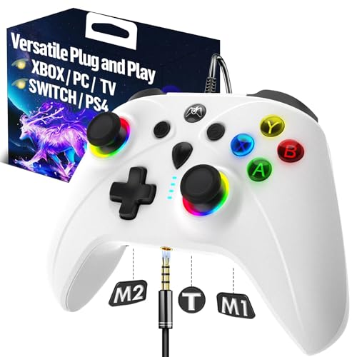 Controle Xbox com fio para X Box Series X S One PC PS4 Switch, controles de controle de jogos com taxa de polling de 1000Hz sem drift Stick, paddle personalizado Turbo Remote, RGB Light White Gamepad