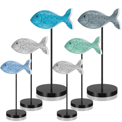 Geetery 6 Pcs Wooden Fish Table Decor Wooden Ocean Tabletop Centerpiece Standing Sign Rustic Wood Fish Home Decor Coastal Beach Fish Figurines Sea Animal Wood Signs Block for Summer Home Office