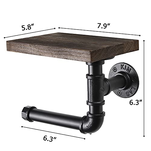 Toilet Paper Holder with Shelf, Rustic Toilet Paper Roll Holder with Wooden Shelf and Industrial Iron Pipe, Pipe Toilet Paper Holder for Bathroom, Washroom - Image 2