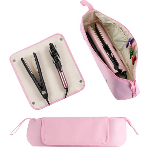 SHIDOW Large Capacity Hair Tool Bag with Detachable Heat Pad, 2-in-1 Portable Organizer for Straightener, Curling Iron, Hot Air Brush & Hair Dryer, Women Travel Essential, Pink miniatura 1