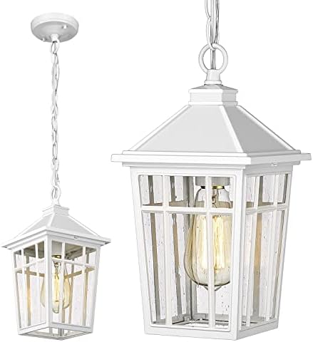 Darkaway Outdoor Pendant Light Fixture, Outdoor Hanging Light Porch Lights Fixtures Anti-Rust Waterproof Aluminum with Seeded Glass for Porch Entryway Doorway Farmhouse White